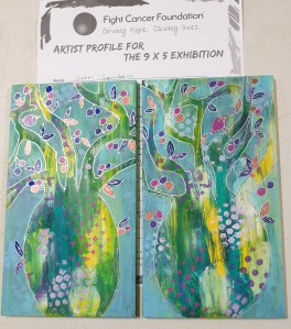 Image of two small brightly coloured paintings of boab trees.  They were entered into an exhibition to raise funds for cancer.
